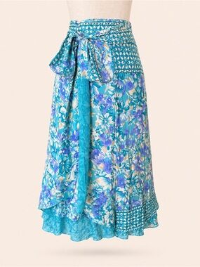 Jovani Designs Silk Wrap Skirt Blue Floral Tropical Midi Ruffle Resort Beach M